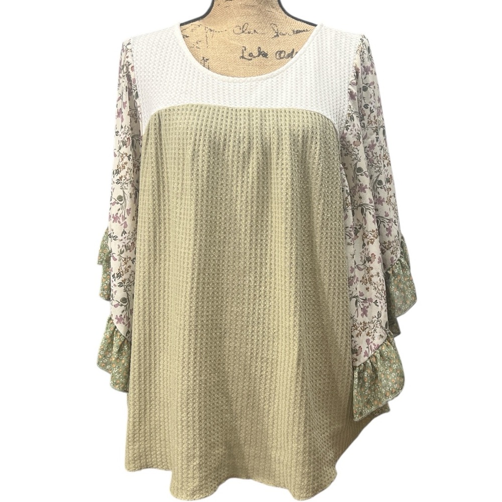 Umgee Olive Green Floral Ruffle Sleeve Mixed-Media Top